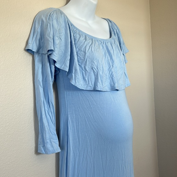 PinkBlush Light Blue Off Shoulder Ruffle Maternity Photoshoot Maxi Dress - Picture 10 of 14